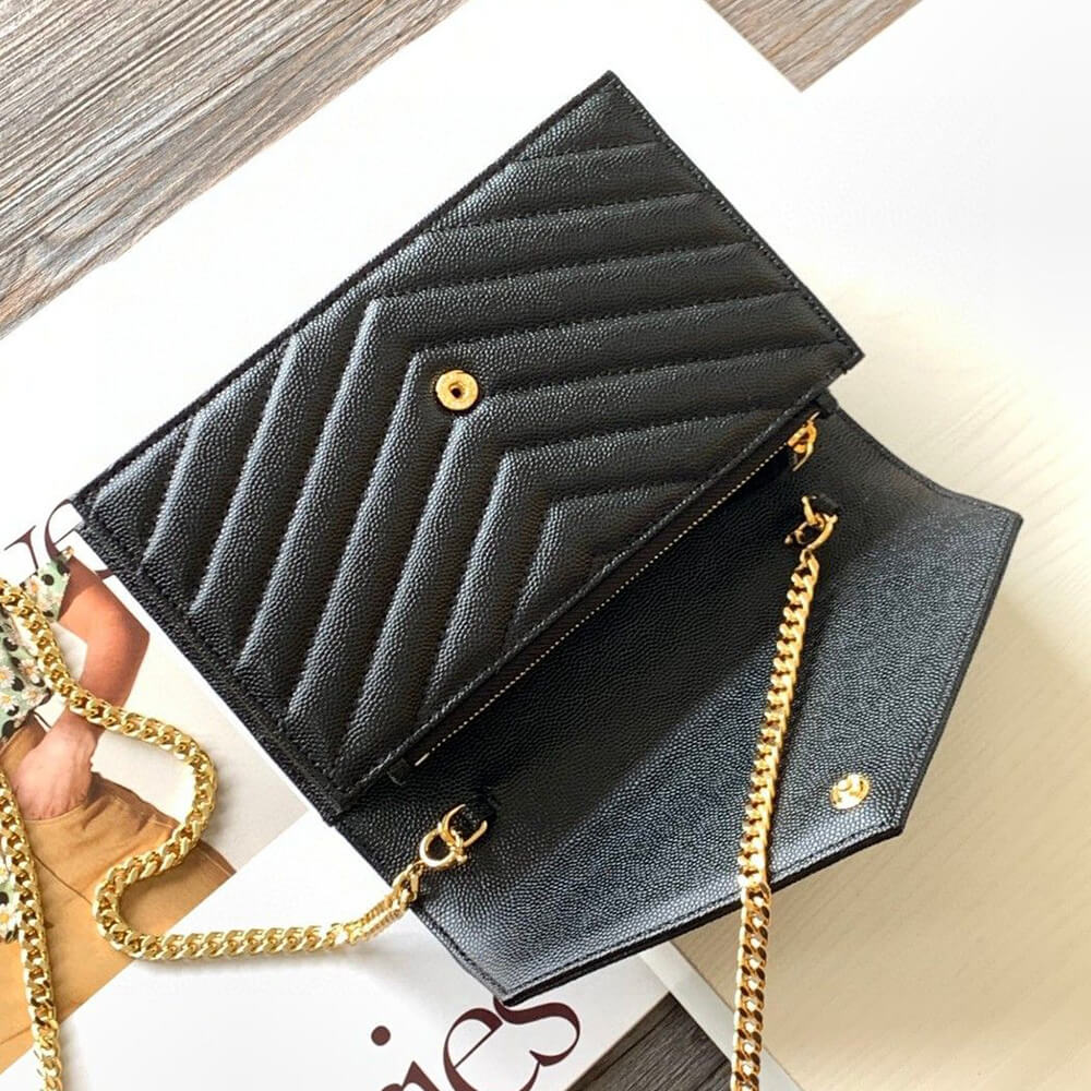 YSL cassandre envelope chain wallet in grain de poudre leather(High-end Grade)