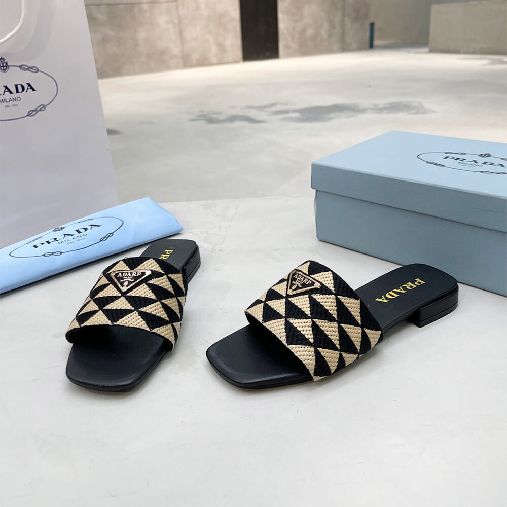 Prada Embroidered fabric slides