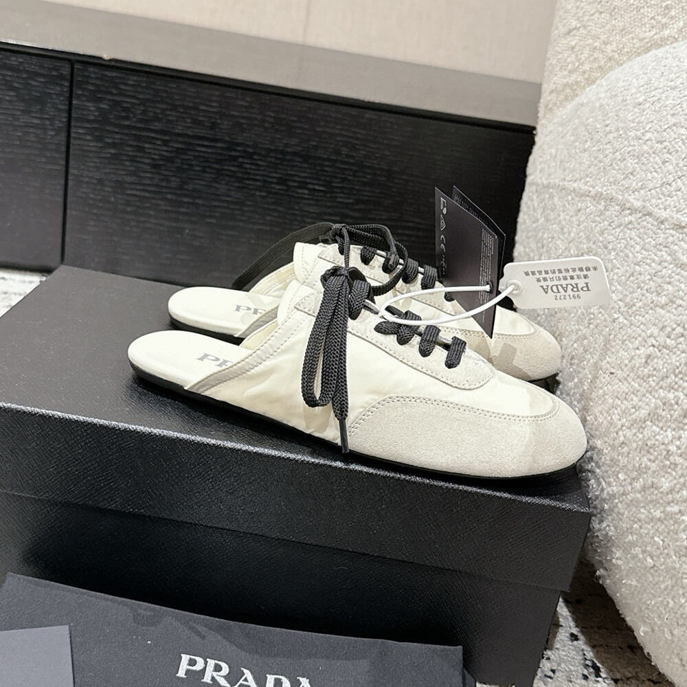 PRADA Collapse Re-Nylon and suede mules