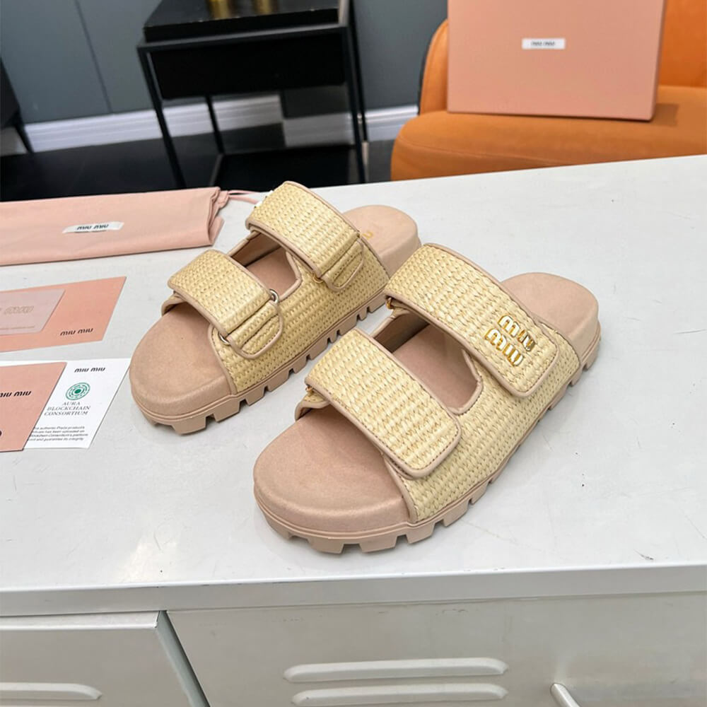 MiuMiu Raffia-effect woven fabric slides